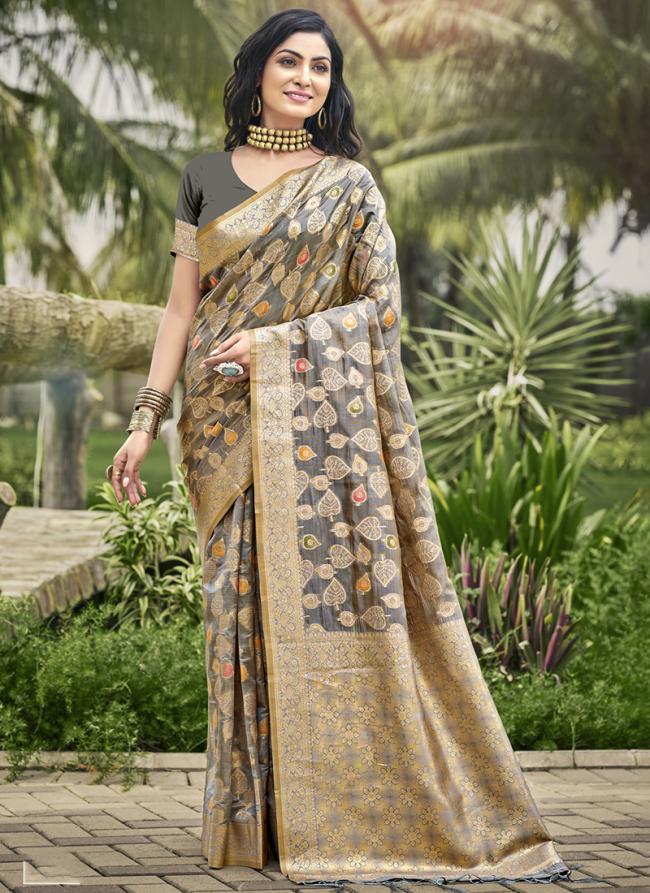 Organza Grey Traditional Wear Printed Saree